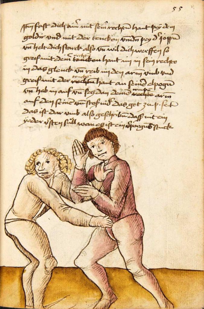 Jak uniknout, když tě soupeř drží oběma rukama. Pozor, kvůli utajení jsou přehozené ruce. Kodex Wallerstein – Fol. 55r