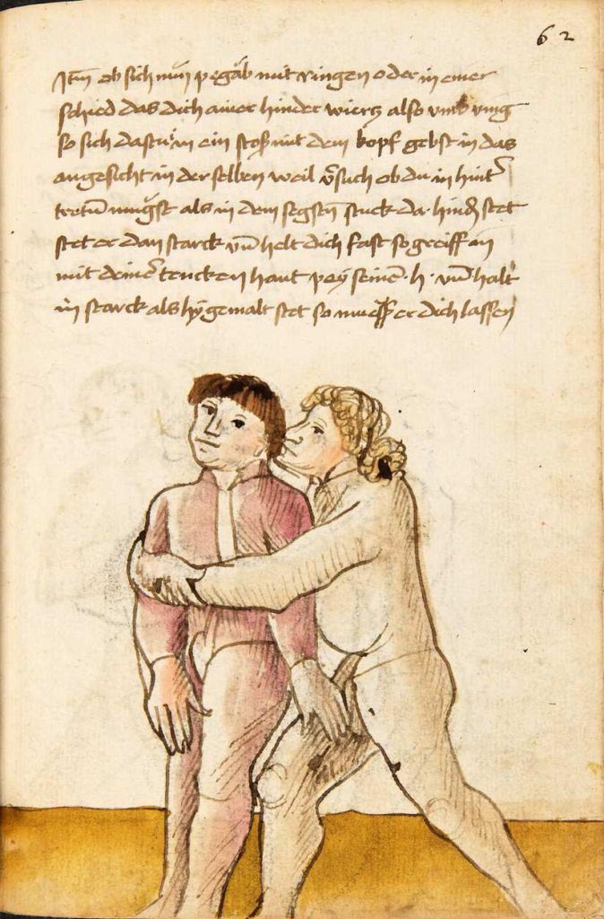 Jak uniknout, když tě soupeř drží zezadu? Chyť jej za varlata. Kodex Wallerstein – Fol. 62r