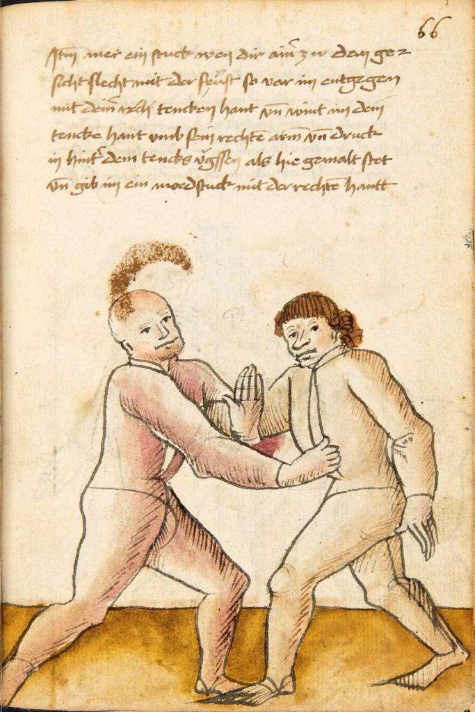 Ovinutí soupeřovy paže levačkou a zároveň protiúder pravou rukou. Kodex Wallerstein – Fol. 66r