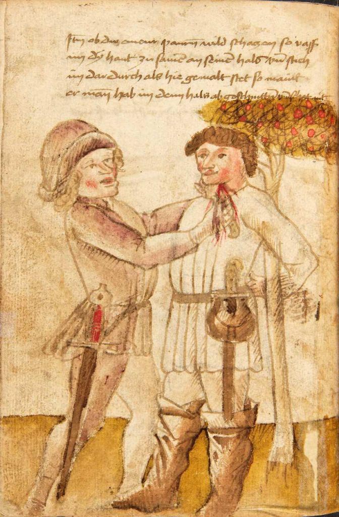 Při okrádání sedláka stačí stisknout kůži na krku a propíchnout ji. Kodex Wallerstein – Fol. 74v