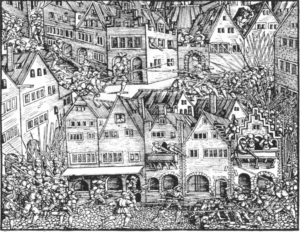 Lancknechti útočící na město, ilustrace ze švýcarské kroniky publikované v Curychu 1548