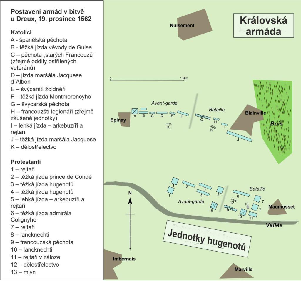 Úvodní rozestavení katolického (královského) i hugenotského v bitvě u Dreux, 19. prosince 1562