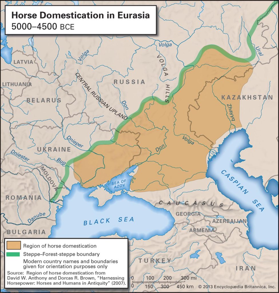 Mapa představující oblast, kde docházelo v 5. tisíciletí k postupné domestikaci koně