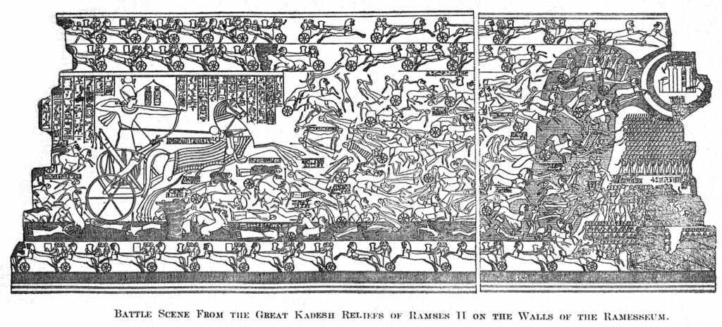 Bitevní vřava v čele s Ramessem II. na válečném voze. Reliéf umístěný na stěně chrámového komplexu jménem Ramesseum