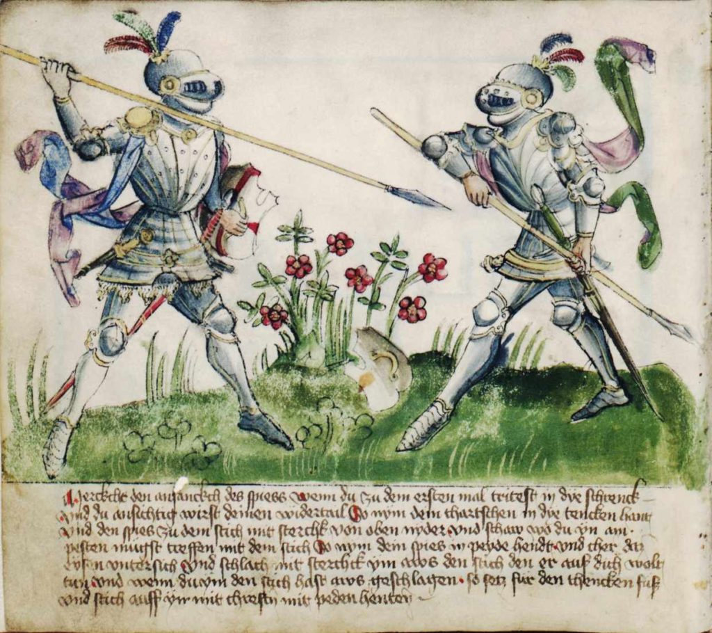 1. Bod s kopím. Fechtbuch Gladiatoria (cca 1435–1440)