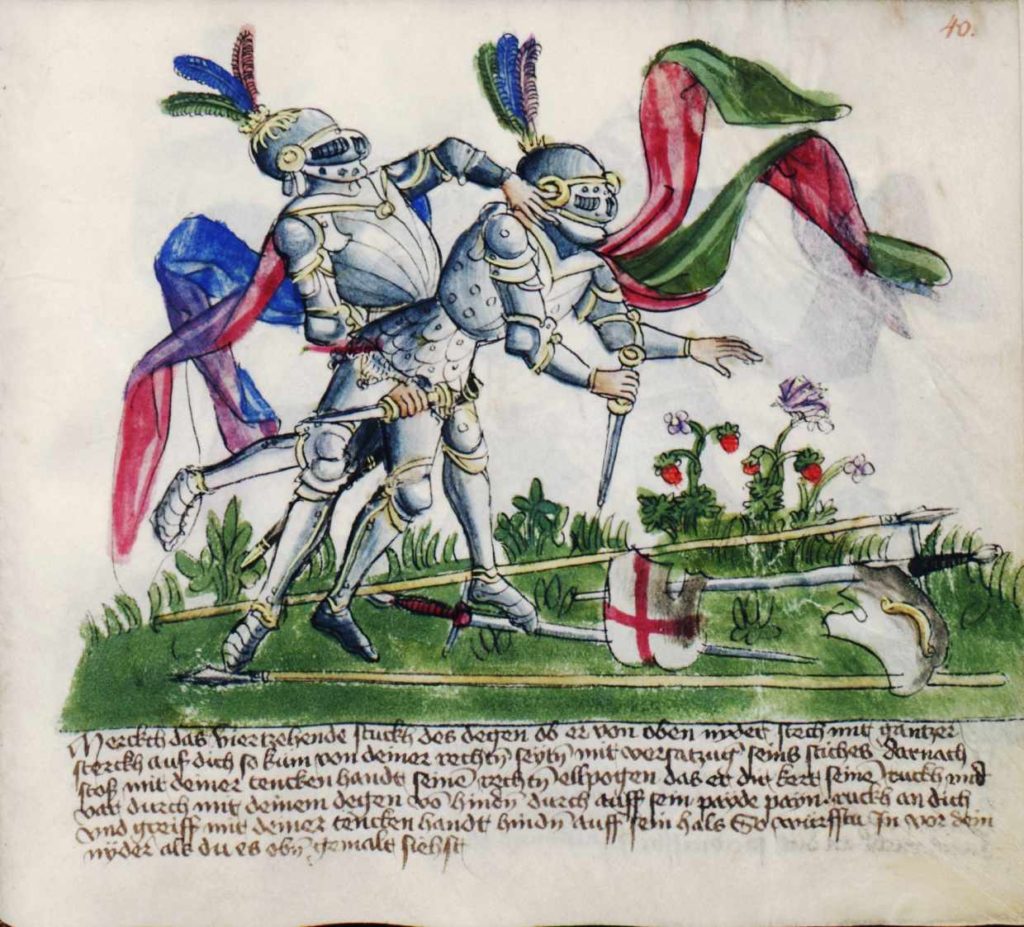 5. Bod zezadu se shozením. Fechtbuch Gladiatoria (cca 1435–1440)