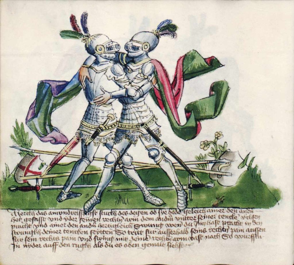 7. Shození při vzájemném chycení. Fechtbuch Gladiatoria (cca 1435–1440)