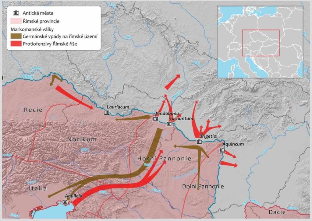 Základní směry vpádů Germanů na římské území a směry postupu římské protiofenzivy během markomanských válek. Zdroj: www.branadorimskerise.cz