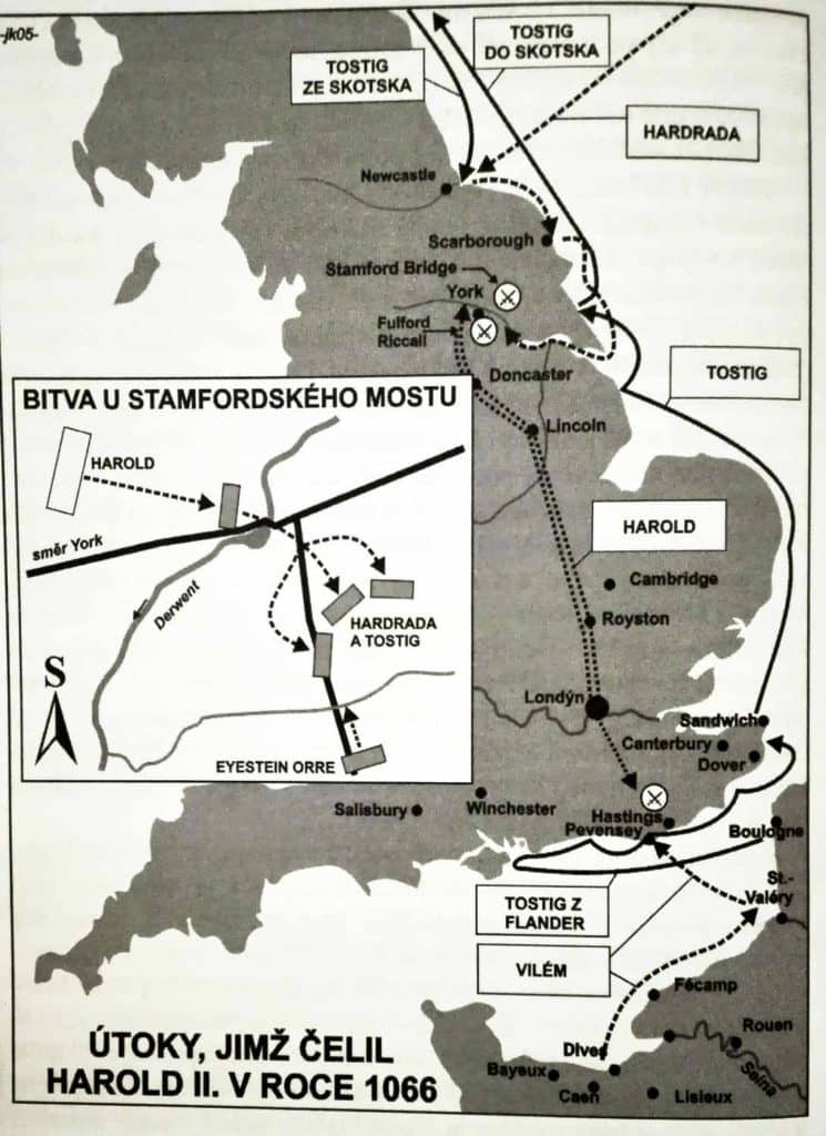 Útoky na anglického krále roku 1066 a postavení jednotek u Stamford Bridge. Z knihy Jiřího Kovaříka Rytířské bitvy a osudy I.